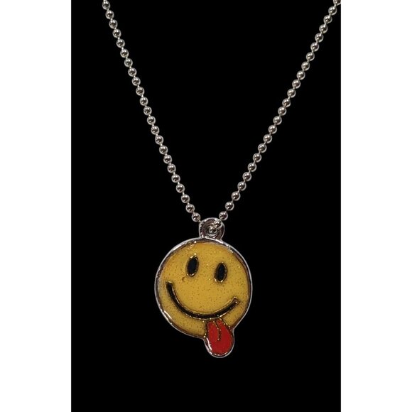 Vintage 90s Glitter Silly Face Enamel Pendant Necklace - Picture 1 of 6